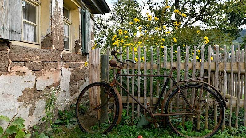 Altes rostiges Fahrrad lehnt an einem Zaun